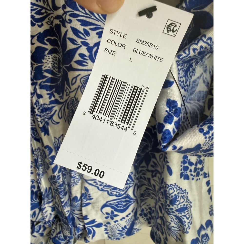 Calessa Blue White Floral Chintz Tie Front Button Shirt SM25B10 Womens Large NEW - Picture 4 of 10